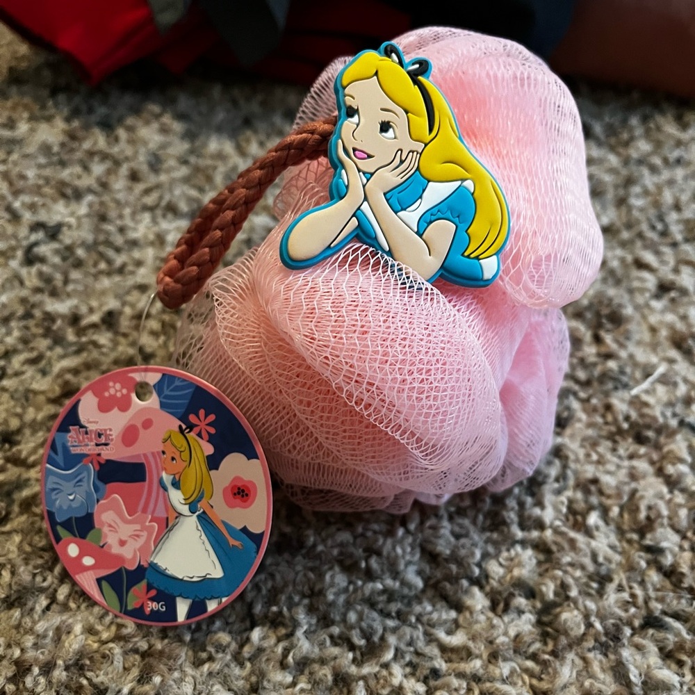 Pink Alice-in-Wonderland Kids Bath Pouf with Character Charm